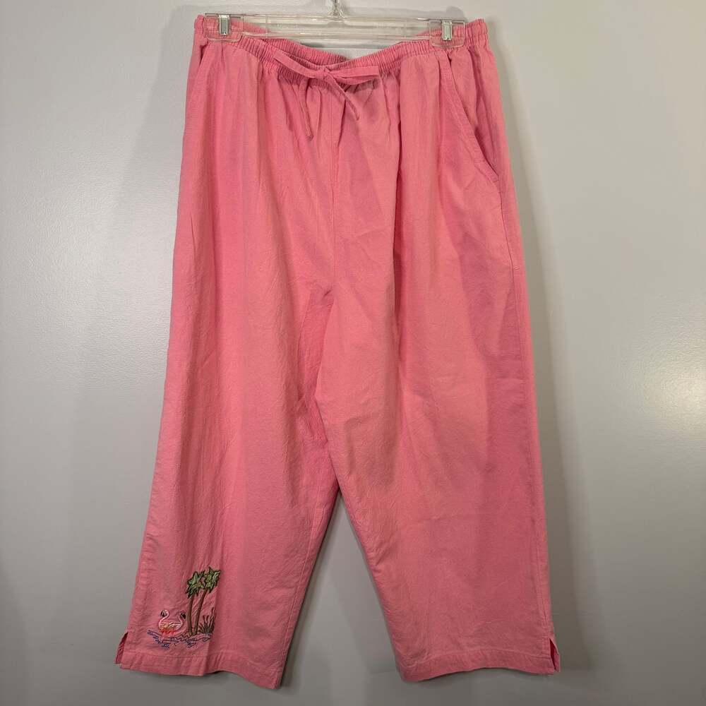 Jane Ashley Casual Lifestyle Pink Cotton Embroidered Flamingo Palm Tree Capri Pa
